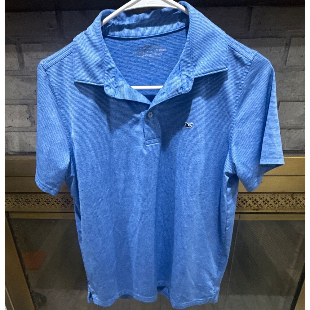 Vineyard Vines Boys Performance Polo Shirt L Blue Striped Golf Stretch Whale